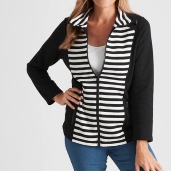 Chico’s Zenergy Black & White Striped Millers Long Sleeve Mix Panel Jacket - Picture 1 of 11